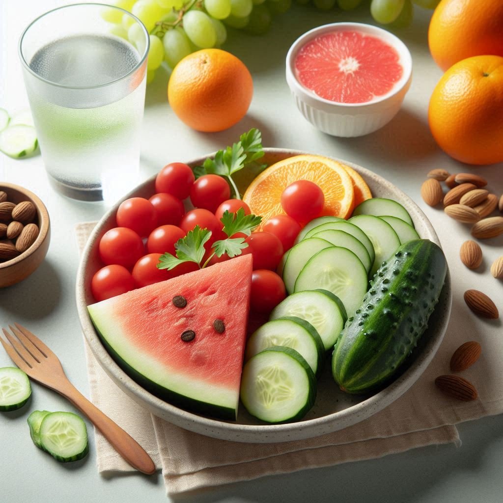 Hydrating foods for muscle performance, featuring watermelon, cucumbers, and oranges.